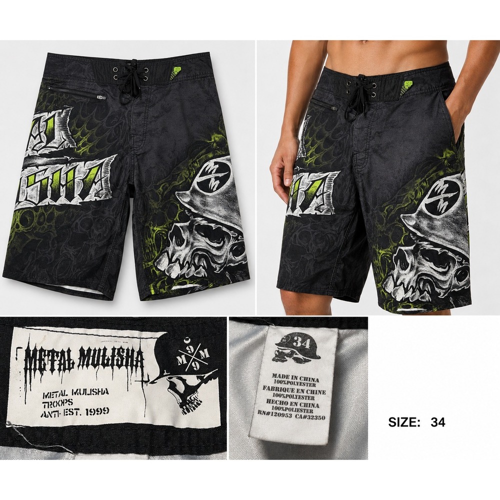 Metal Mulisha Board Shorts Mens 34x10" Black Green Skull Graphic Skull Swim